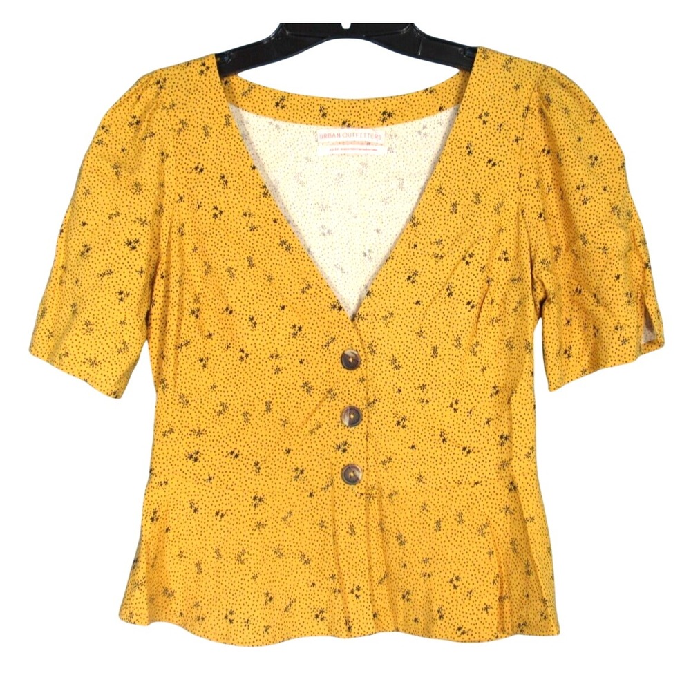 URBAN OUTFITTERS Yellow/Black Floral CHALLIS V-Neck BUTTON-UP Poet Top/Blouse XS